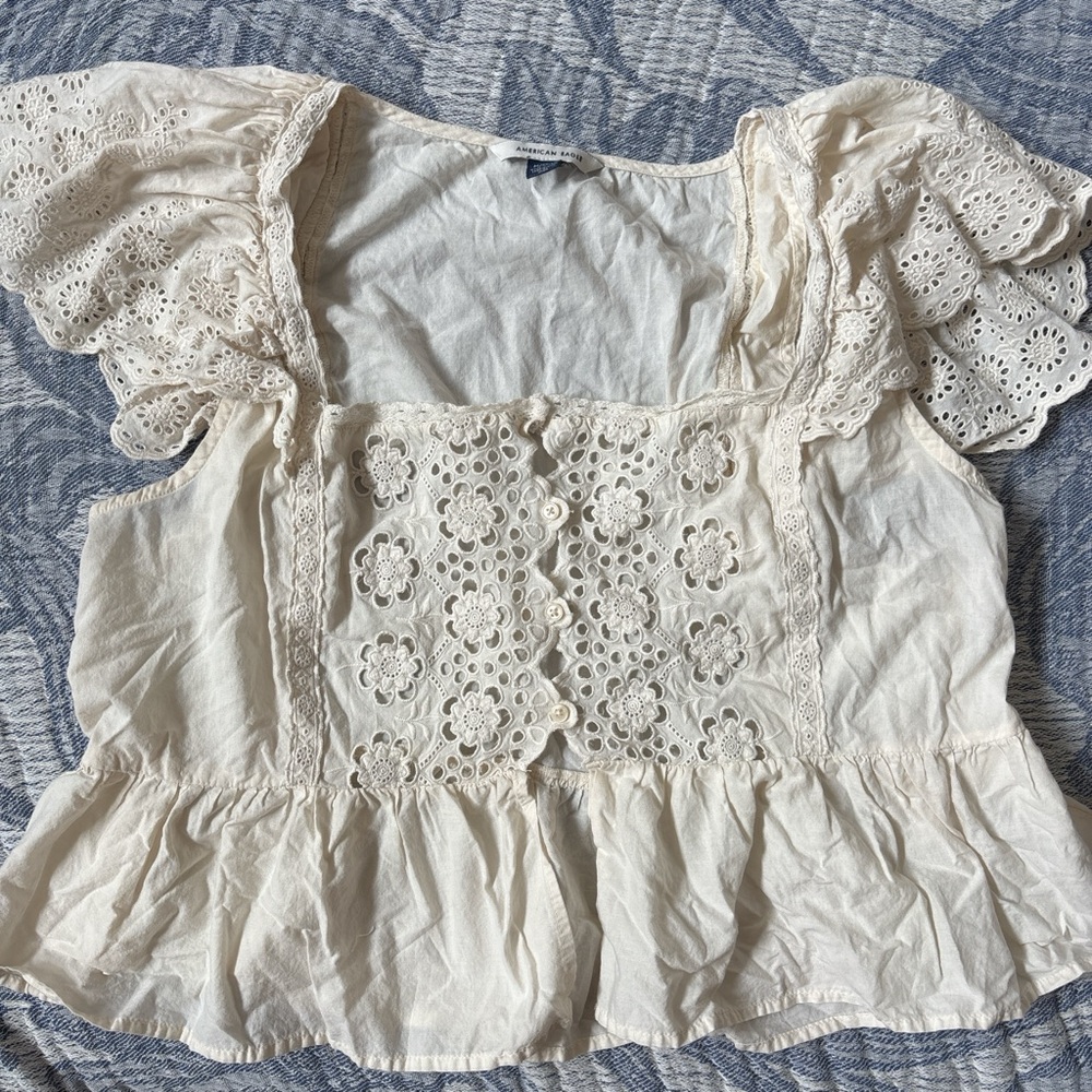American Eagle Outfitters Cream Eyelet Peplum Blouse